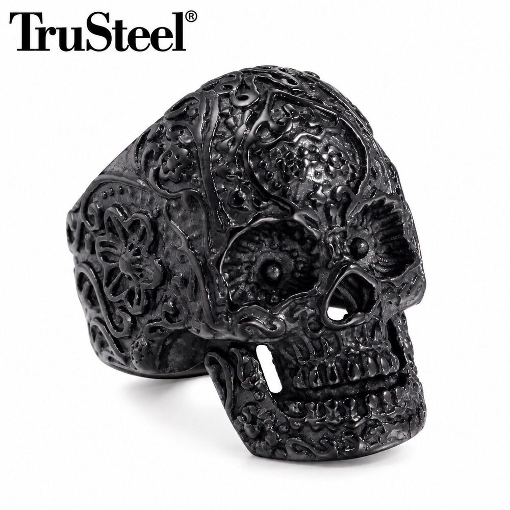 Mens Black Skull Ring 316L Stainless Steel Gothic Biker Sugar Skull Size 13